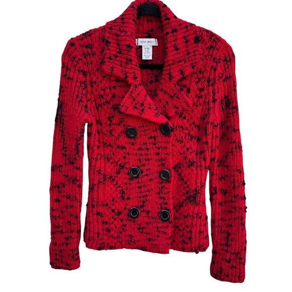 Nine West Womens Red & Black Double-Breasted Wool Blend Knit Cardigan Sweater S - Picture 1 of 8